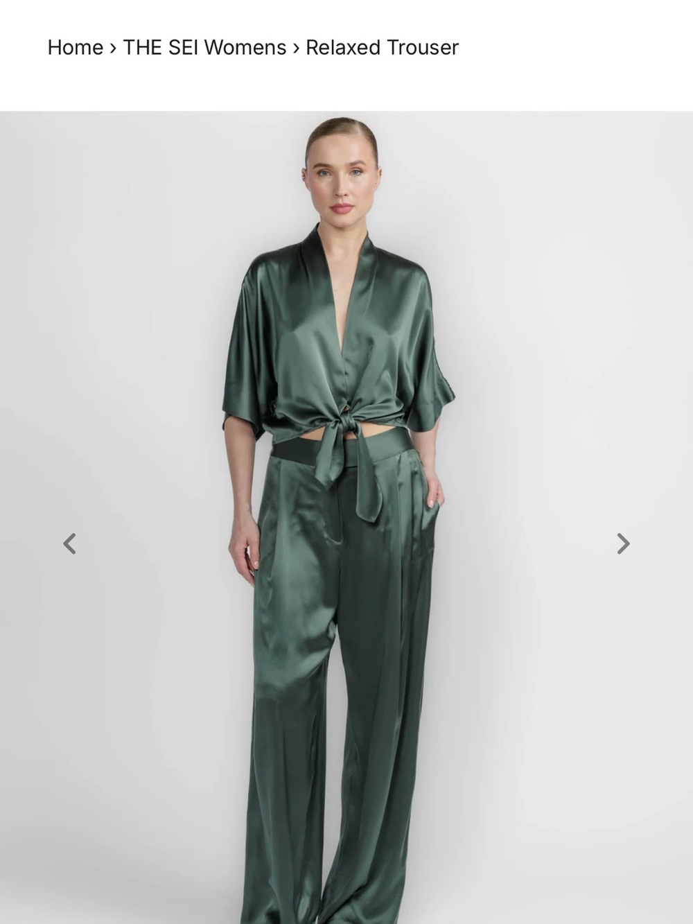 NWT THE SEI Emerald Silk Wide-Leg Relaxed Trousers & Dolman Tie Front Blouse